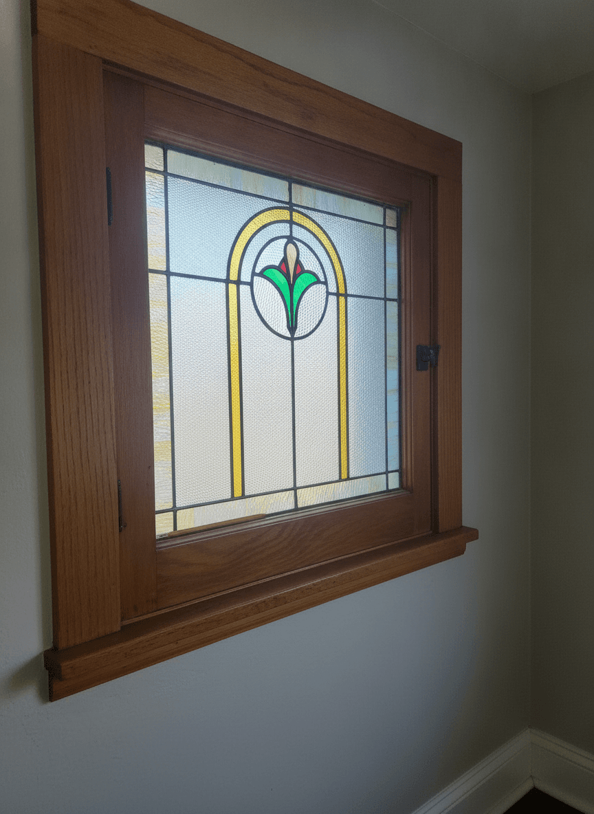 Pair Antique Craftsman Stained Glass Windows, Tulip Motif, Oak Frames