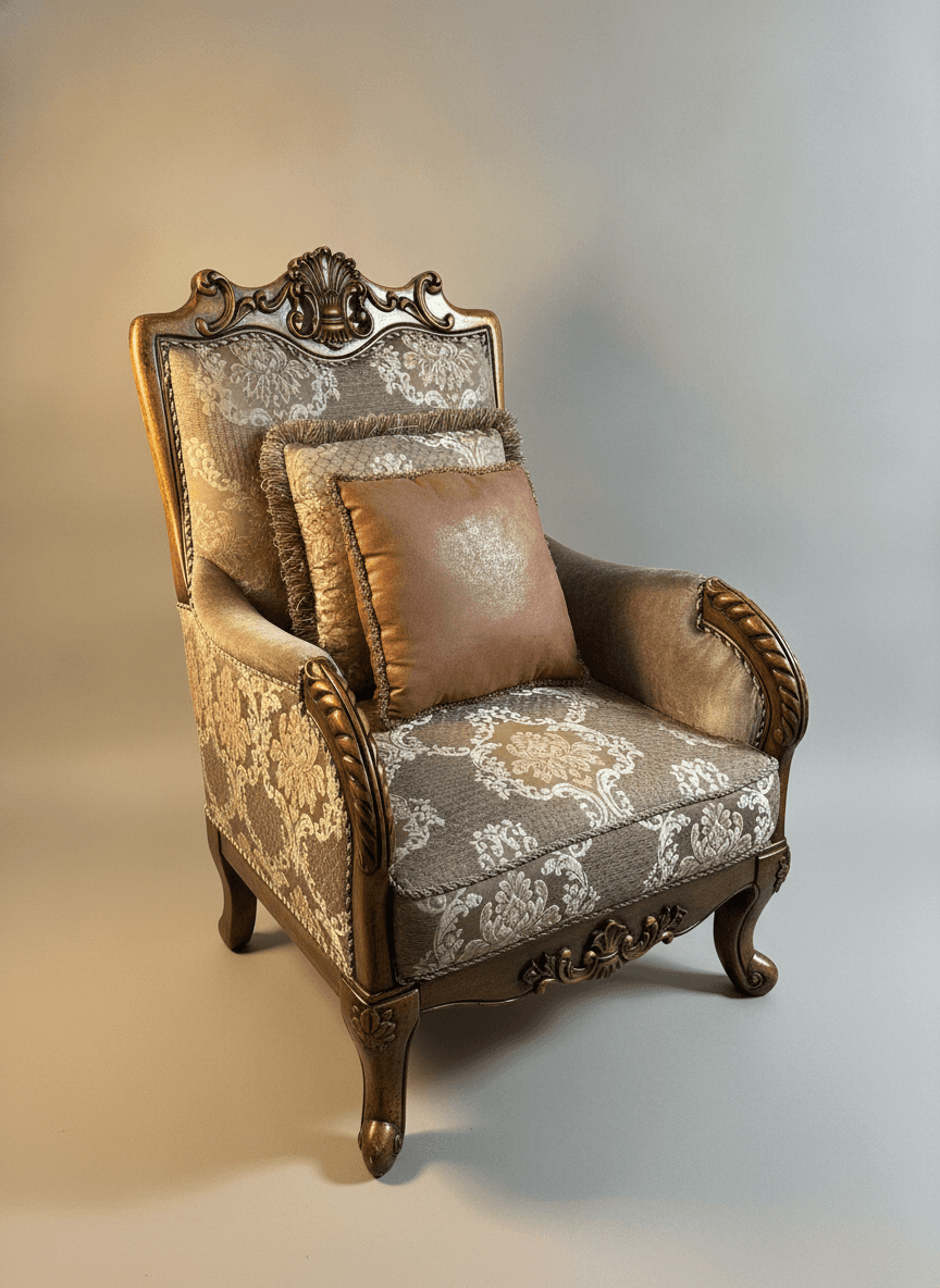 AICO Michael Amini Ornate Carved Wood Damask Accent Chair with Pillow