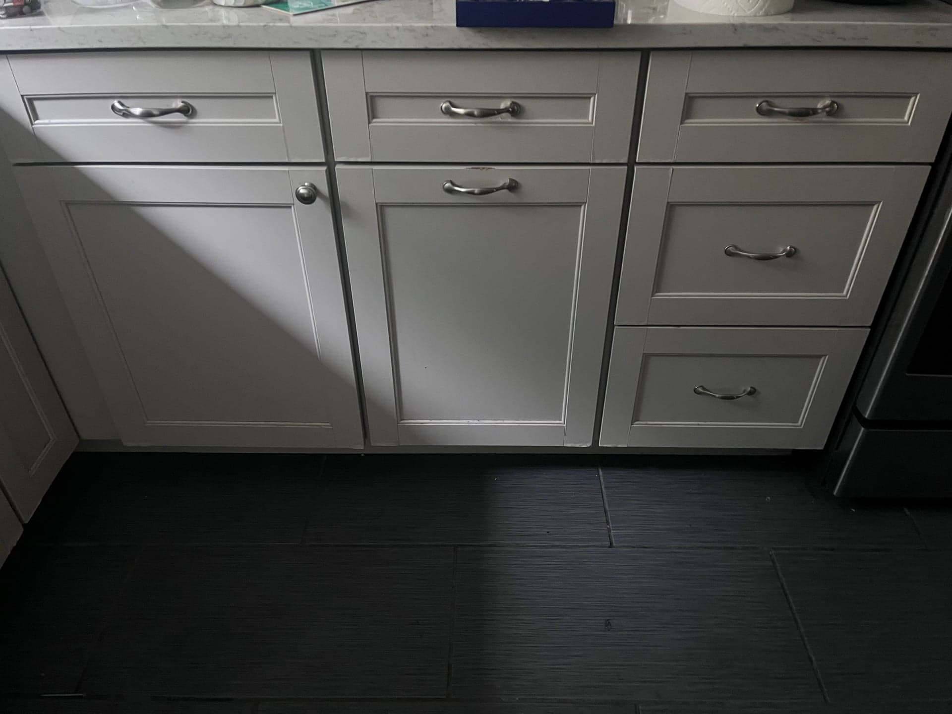 White Shaker Kitchen Base Cabinets, 3-Section Run w/ Quartz Top - Buyer Removes