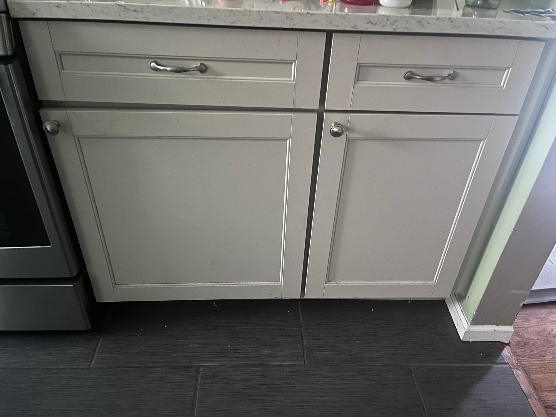 Shaker Base Cabinets w/ Quartz Countertop, Light Gray, 2-Door 2-Drawer - Buyer Removes